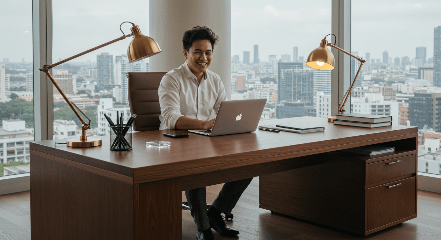 Happy client working at desk